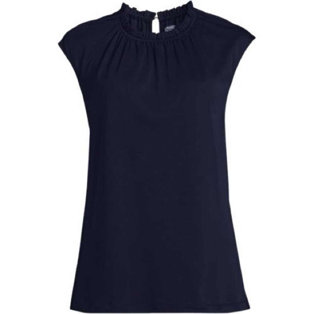 Lands' End Navy Smocked Ruffle Neck Cap Sleeve Top